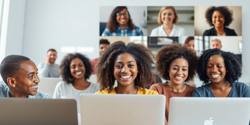 Diverse individuals participating in a vibrant virtual meeting.