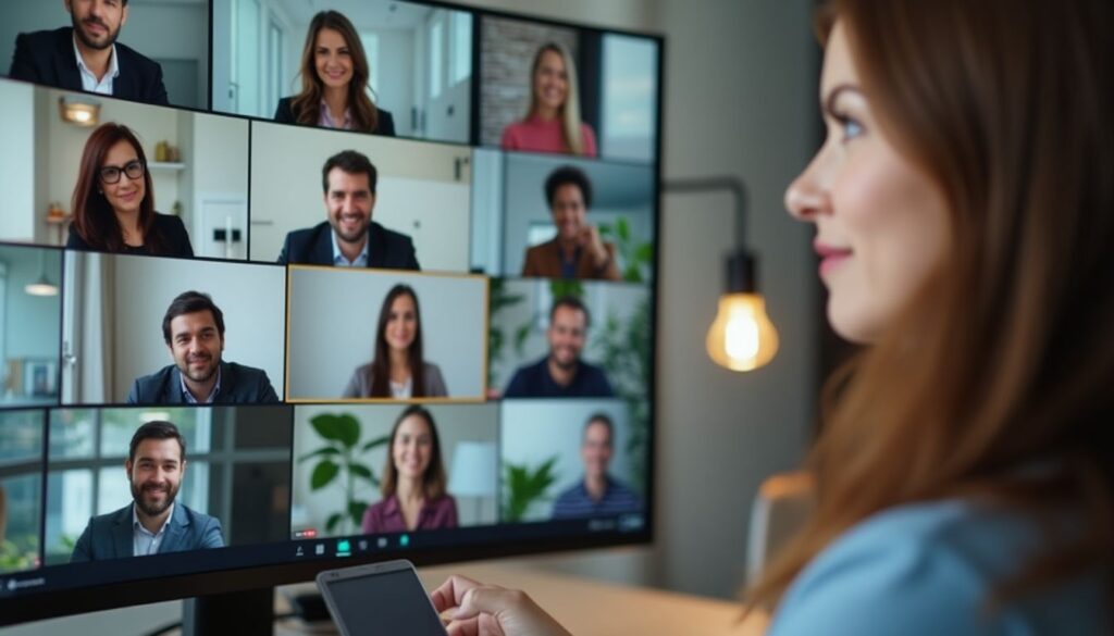 Business woman on video call with diverse participants.