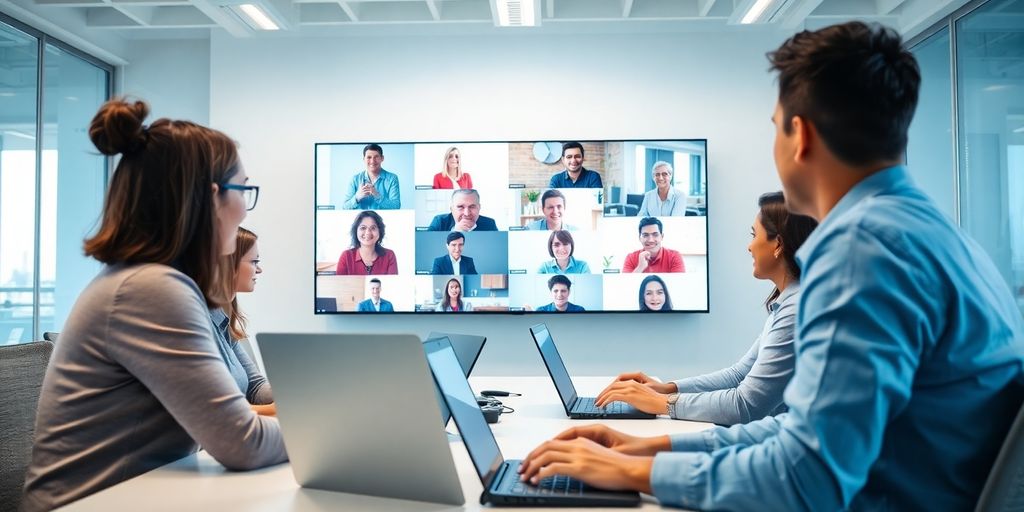 Team members collaborating via video conference in an office.