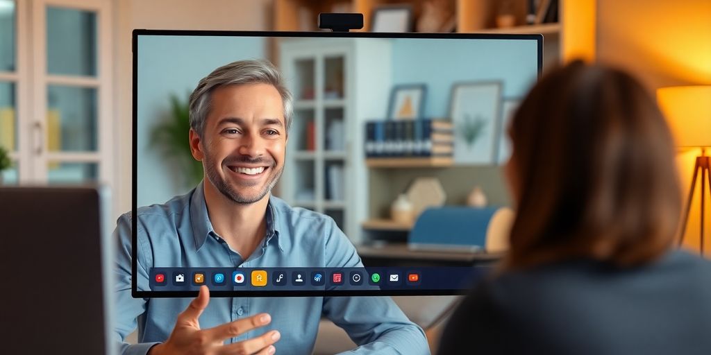 Insurance agent video calling client in home office setting.