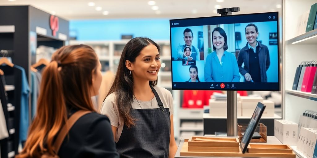 Retail staff on video call with client in store setting.