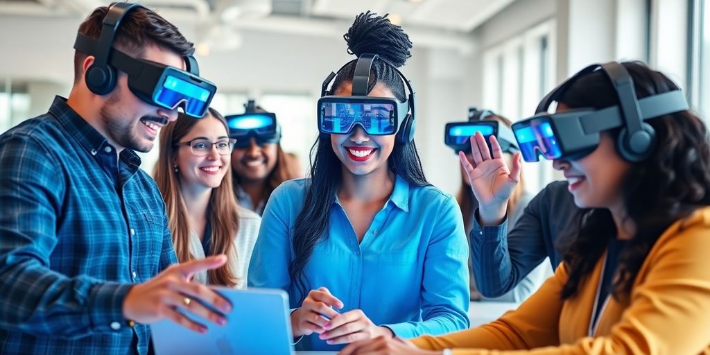 Diverse professionals using AR headsets for remote collaboration.