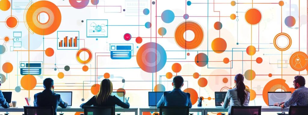 a modern office environment showcases a diverse group of professionals engaging in a virtual webinar via sleek laptops, with vibrant graphic displays of webinar statistics and interactive features projected on a large screen, emphasizing the transformative impact of low-cost webinar platforms on marketing strategies.