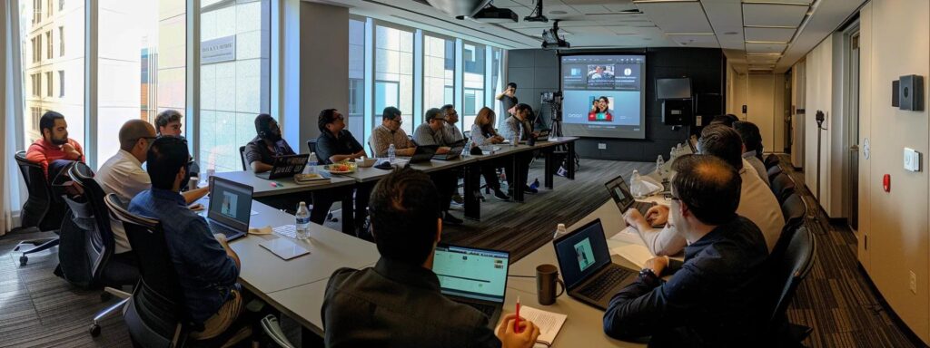 an engaged group of diverse professionals in a modern conference room, attentively participating in a webinar, with screens displaying technical challenges and solutions highlighted, emphasizing the trade-offs of economical webinar platforms.
