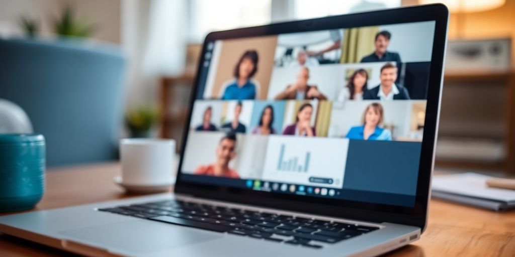 Laptop showing video call in a home office setting.