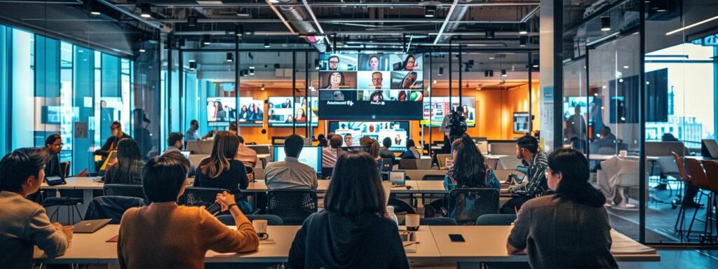a bustling, modern office environment showcases a diverse group of professionals engaging in a dynamic facebook live session, with vibrant screens displaying real-time viewer interactions and comments, emphasizing heightened audience engagement and brand visibility.