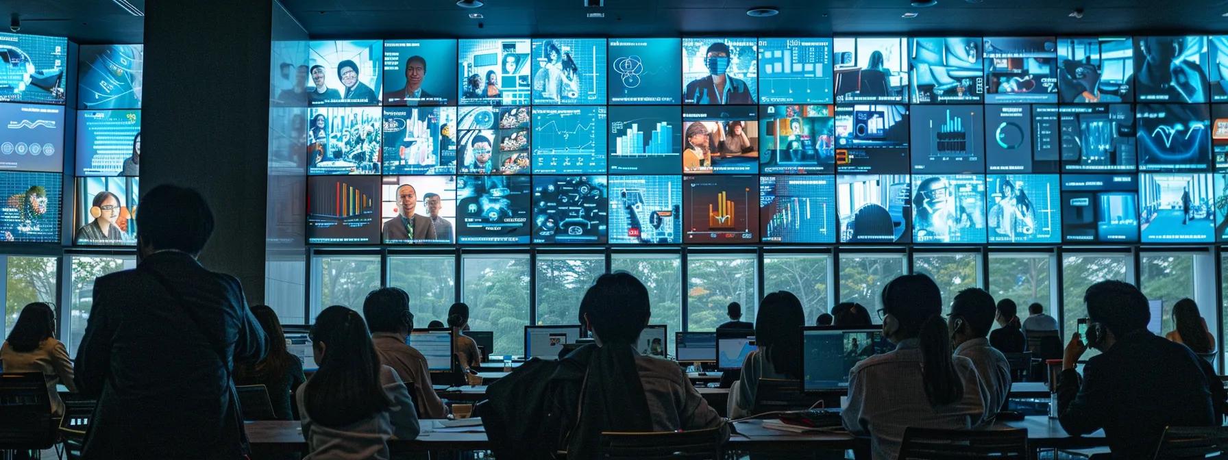 a busy modern conference room filled with professionals engaged in a video call, showcasing an oversized screen displaying complex cost graphs and chaotic spreadsheets, contrasting starkly with their focused expressions as they discuss the financial challenges of mainstream conferencing services.
