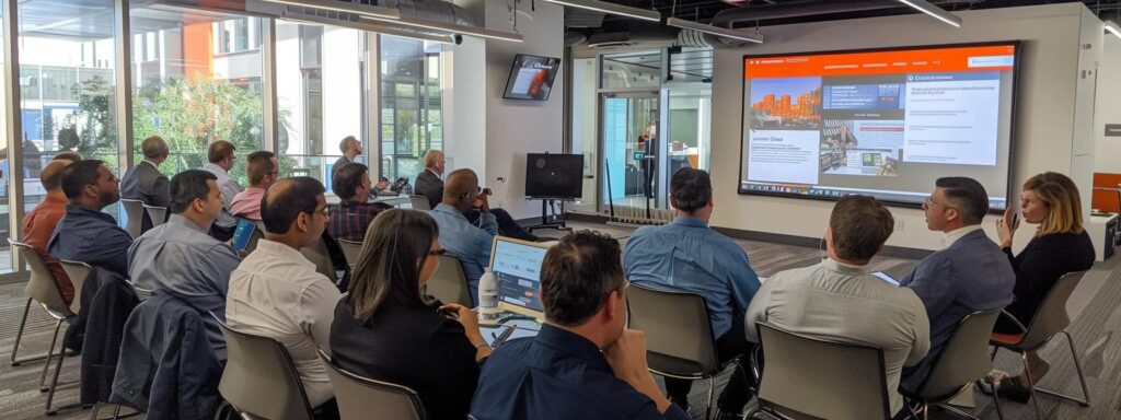 a dynamic, modern office environment featuring a diverse group of professionals engaged in a lively discussion around a large screen displaying a sophisticated webinar platform interface, emphasizing key features like data analytics and audience engagement metrics.