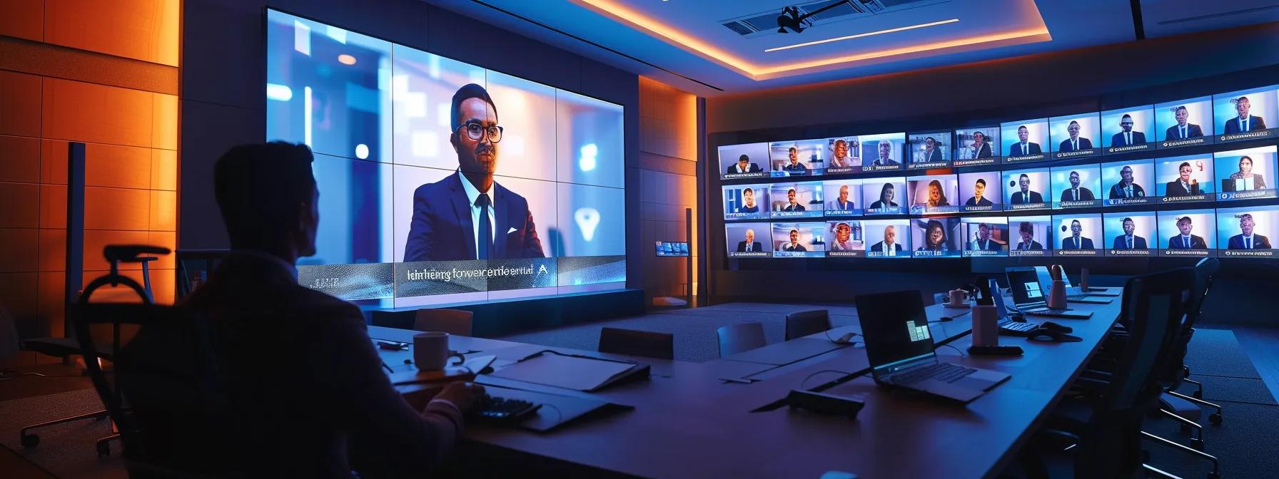 a dynamic, modern webinar setup featuring a professional presenter engaging with a virtual audience on multiple screens, enhanced by vibrant multimedia elements and a clear agenda displayed prominently in an immersive office environment.