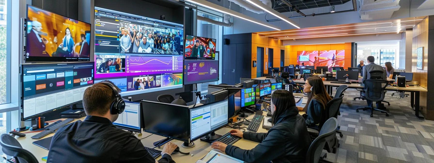 a dynamic office environment showcases professionals engaged in a lively webinar on a sleek, high-tech platform, with vibrant graphics illustrating real-time analytics and audience interaction tools displayed on large monitors.