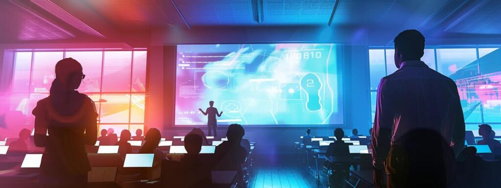 a dynamic university lecture hall equipped with advanced technology, featuring an engaging educator leading a live polling session on a large screen, as attentive students actively participate and respond with their devices, illustrating a vibrant atmosphere of real-time interaction and engagement.
