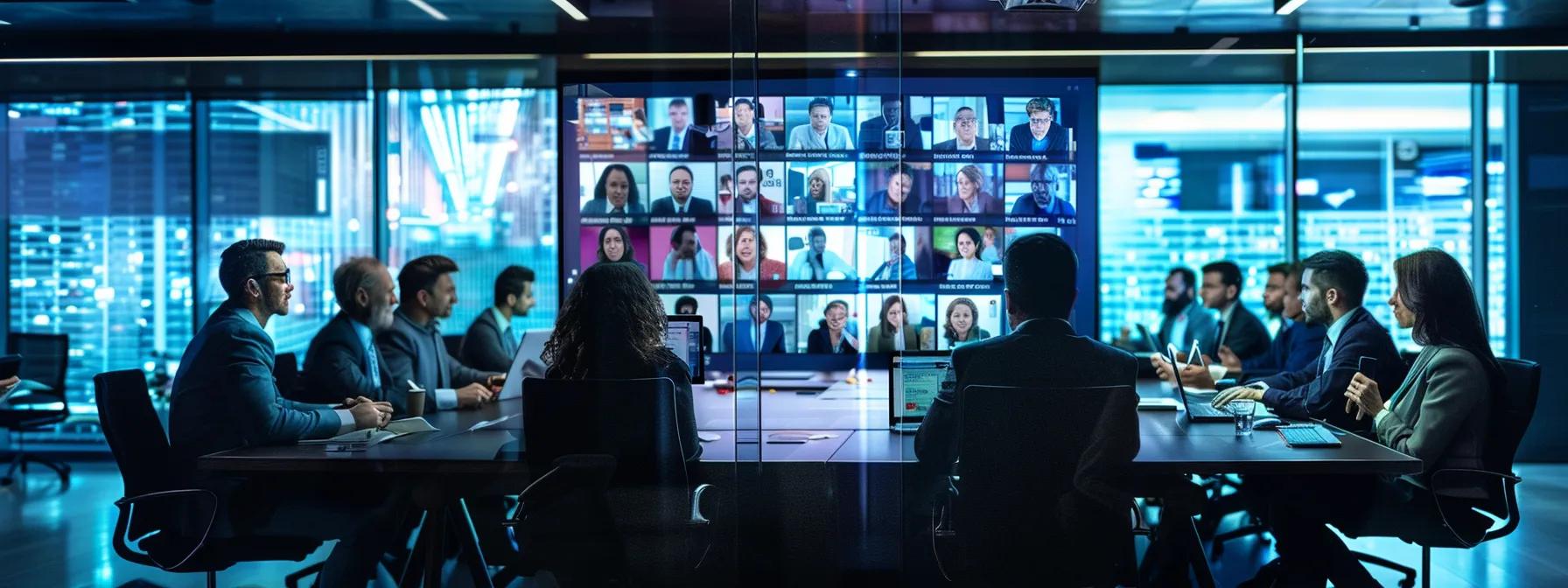 a dynamic virtual meeting room scene featuring diverse professionals engaged in a lively video conference, with multiple screens displaying animated discussions and brainstorming visuals, highlighting the collaborative energy of an unlimited time frame.