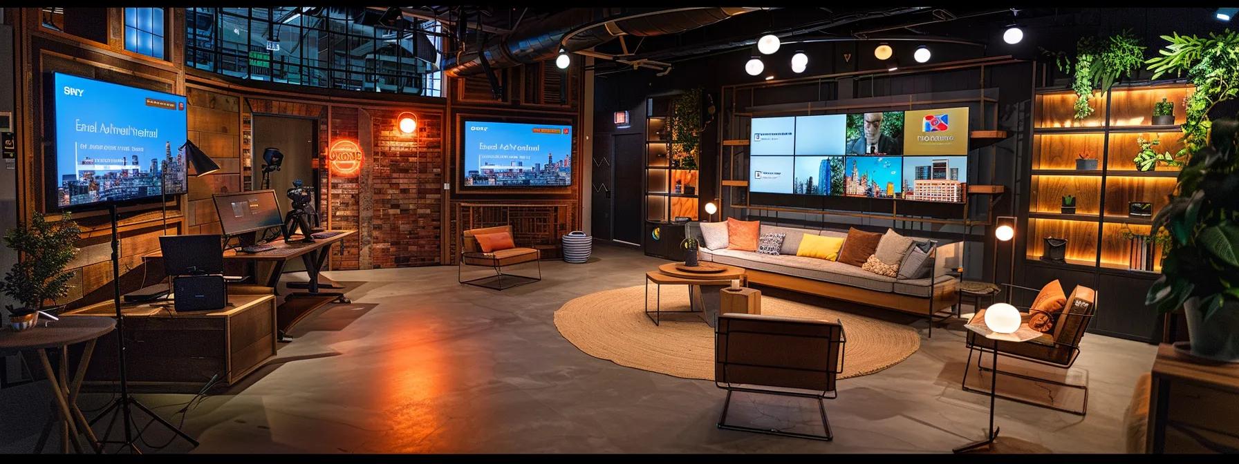 a dynamic virtual webinar setup showcases a sleek, modern office environment, featuring an engaging presenter delivering a lively presentation to a diverse audience participating through interactive screens displaying real-time polls, q&a sessions, and breakout room discussions.