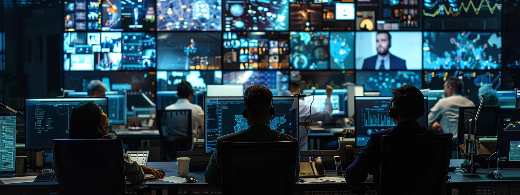 a focused, high-tech office setting showcases a diverse group of professionals engaged in a virtual meeting, equipped with advanced security technologies and digital verification tools, emphasizing the importance of safeguarding against online impersonation threats.