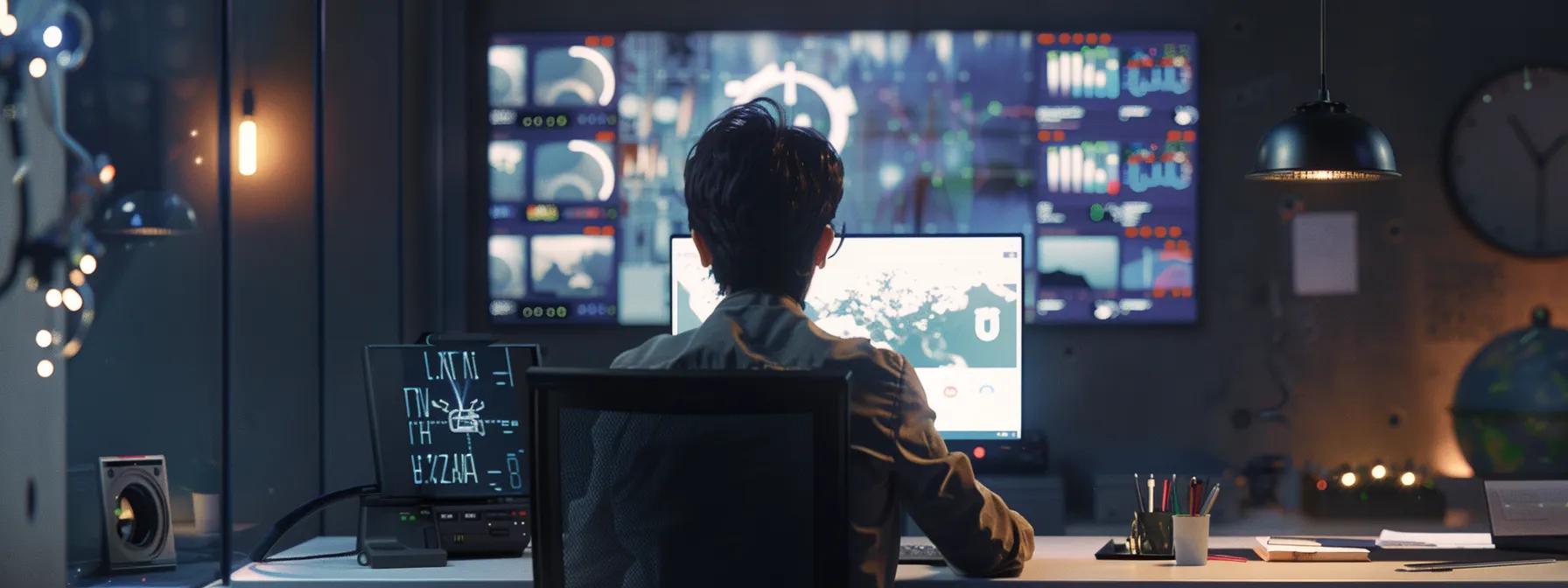 a focused individual sits confidently at a sleek office desk, engaging with an intuitive webinar platform on a modern computer screen, surrounded by notes and a large digital clock indicating the forthcoming live event.
