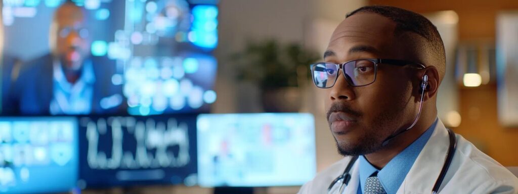 a focused office setting featuring a healthcare professional engaged in a secure video conference, surrounded by digital security frameworks and encrypted data visuals, emphasizing the importance of cybersecurity in patient interactions.