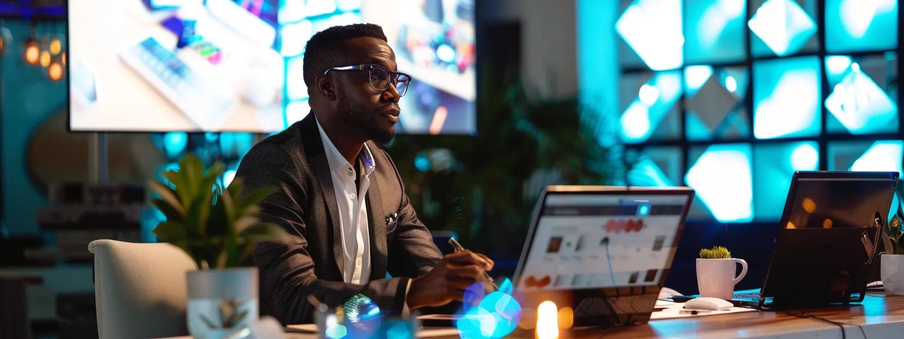 a focused webinar host stands at a modern, sleek conference table, surrounded by high-tech equipment and digital screens displaying engaging content, exuding energy and anticipation as they prepare to connect with a diverse virtual audience.