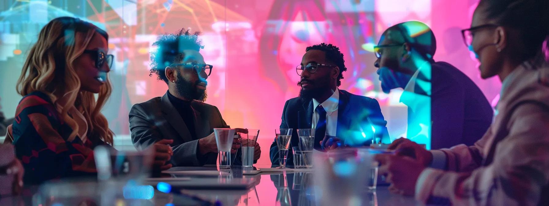 a futuristic office setting showcases a diverse group of professionals engaging in a dynamic virtual meeting, surrounded by holographic displays and immersive augmented reality elements that enhance collaboration through ai technology.