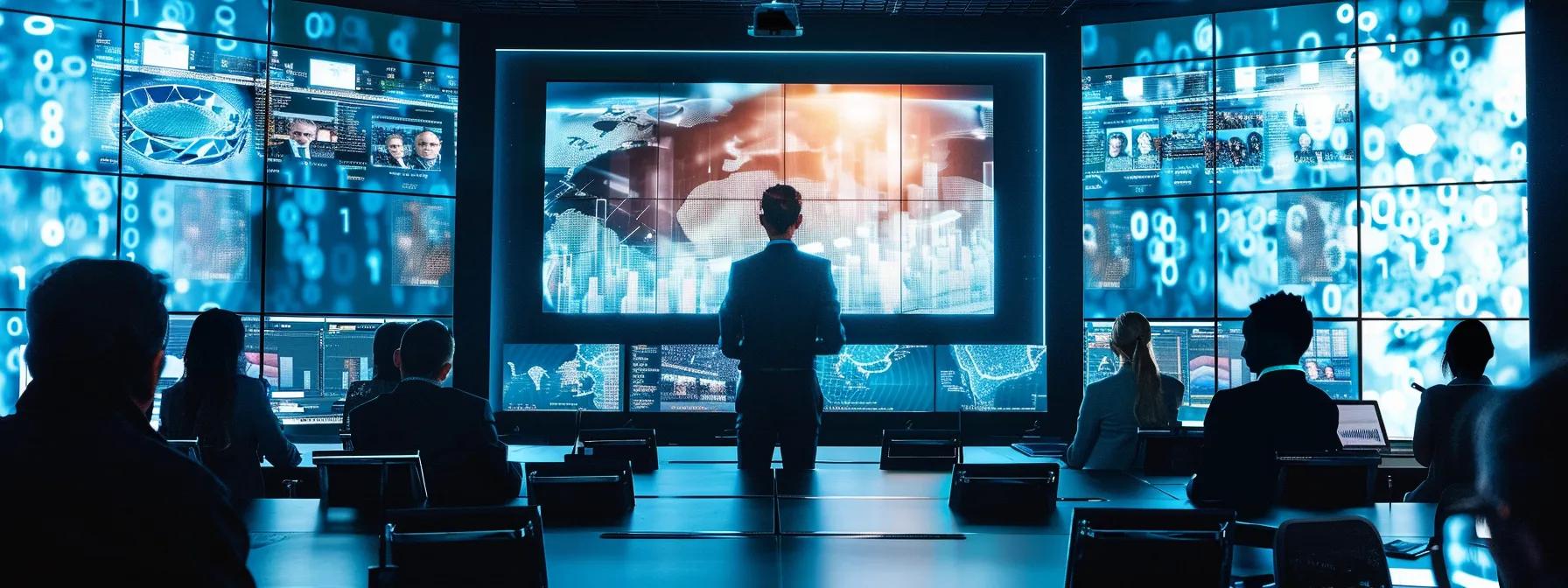 a high-tech virtual meeting room features a sleek, futuristic setup with large screens displaying ai-driven analytics and real-time transcription, while diverse participants engage through advanced video conferencing technology, highlighting the transformative impact of ai on online collaboration.
