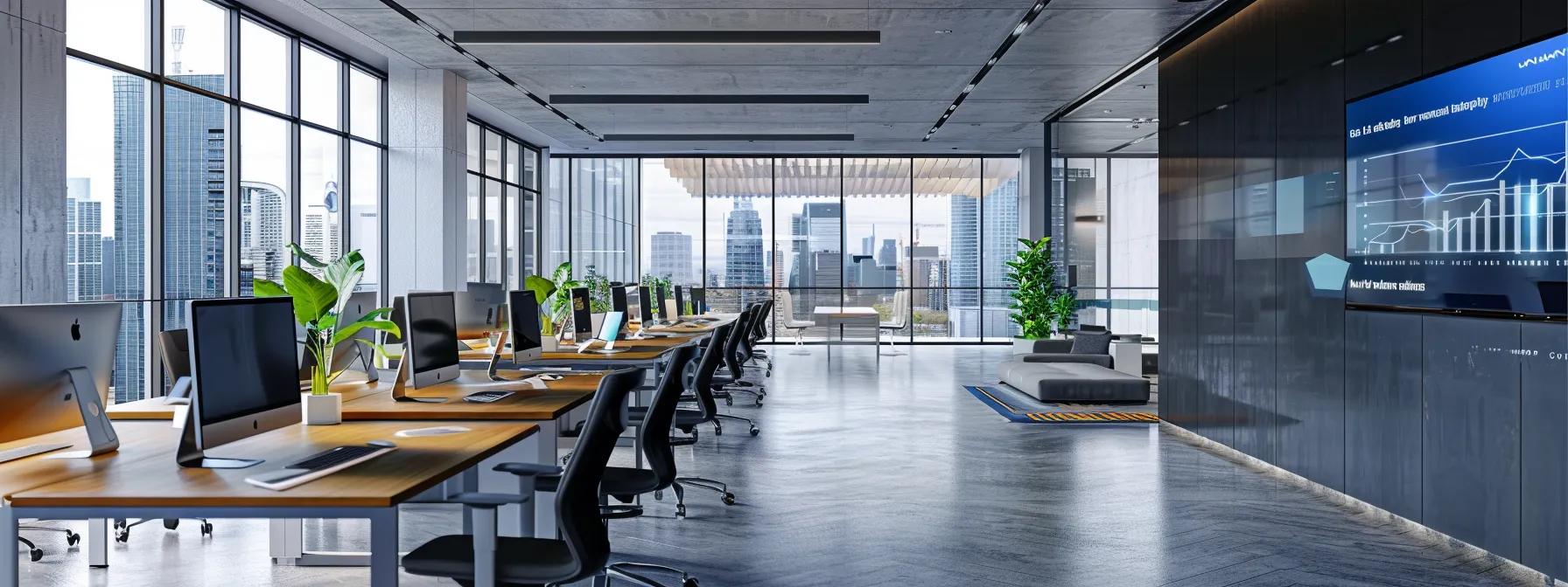 a high-tech office environment features multiple large screens displaying real-time analytics and insights derived from video conferencing data, with a sleek modern design, contrasting high-resolution graphs, and glowing data points illuminating the workspace.