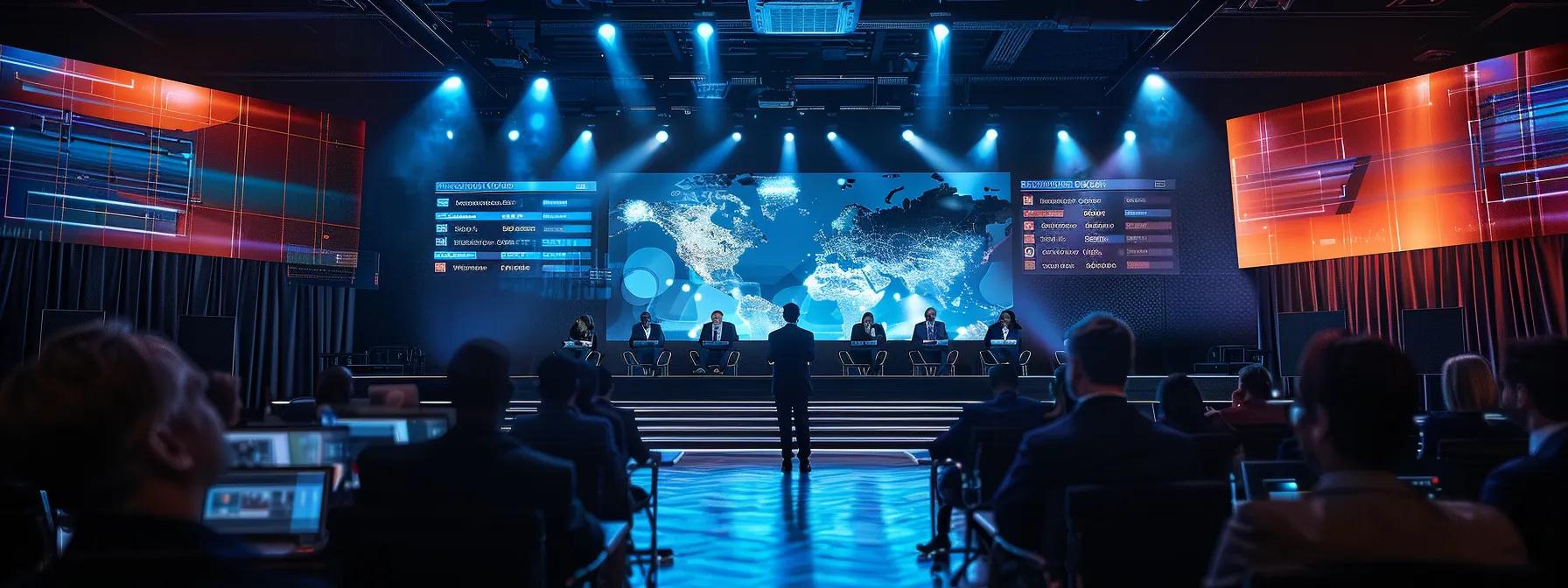 a high-tech virtual conference room filled with diverse professionals engaging in a dynamic webinar session, illuminated by sleek led screens displaying real-time analytics and adaptive pricing models, illustrating the future of cost-effective digital communication.