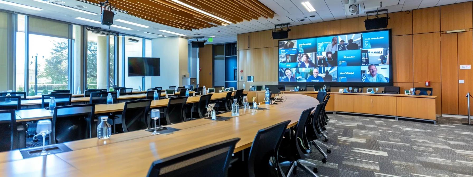 a modern conference room featuring a large screen displaying a secure video call on cisco webex, with engaged participants interacting through virtual tools like live polling and hand-raising, showcasing the platform's advanced security and engagement features in a sleek, professional environment.