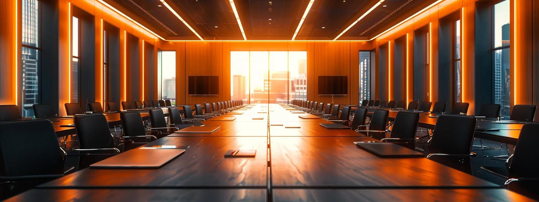 a modern conference room filled with sleek technology displays vibrant data analytics on cost management strategies, emphasizing the efficient allocation of resources for webinar hosting, illuminated by dramatic overhead lighting that highlights its professional ambiance.