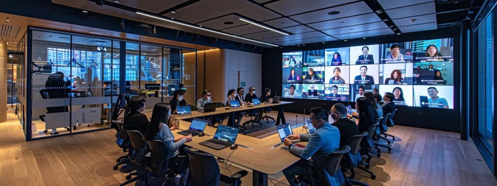 a modern conference room filled with a diverse group of engaged professionals, animatedly participating in a high-definition webinar on a large screen, showcasing interactive features like real-time polling and chat, all under focused lighting that emphasizes a collaborative atmosphere.