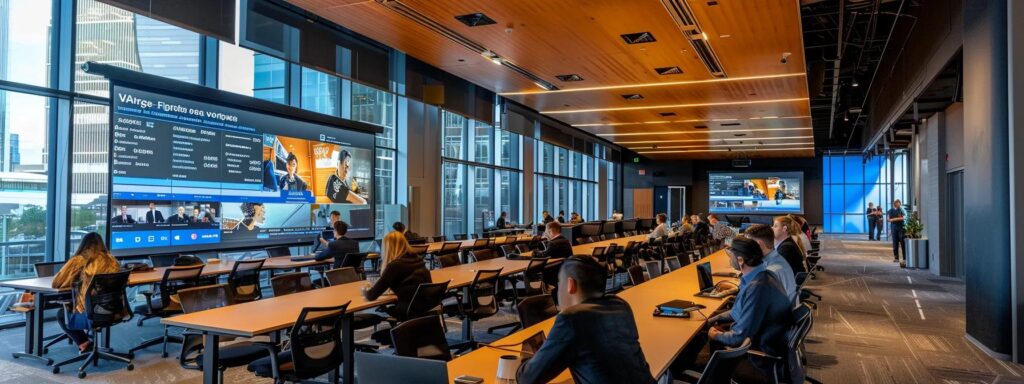 a modern conference room filled with professionals engaged in a dynamic negotiation over pricing plans, highlighted by a large digital display showcasing competitive offers and customizable options.