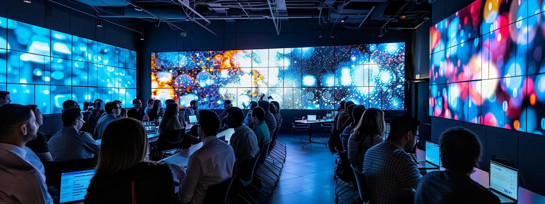 a modern conference room filled with engaged professionals, gathered around a sleek digital display showcasing real-time ai analytics and meeting summaries, illuminated by focused artificial lighting that emphasizes the high-tech atmosphere of productivity and collaboration.