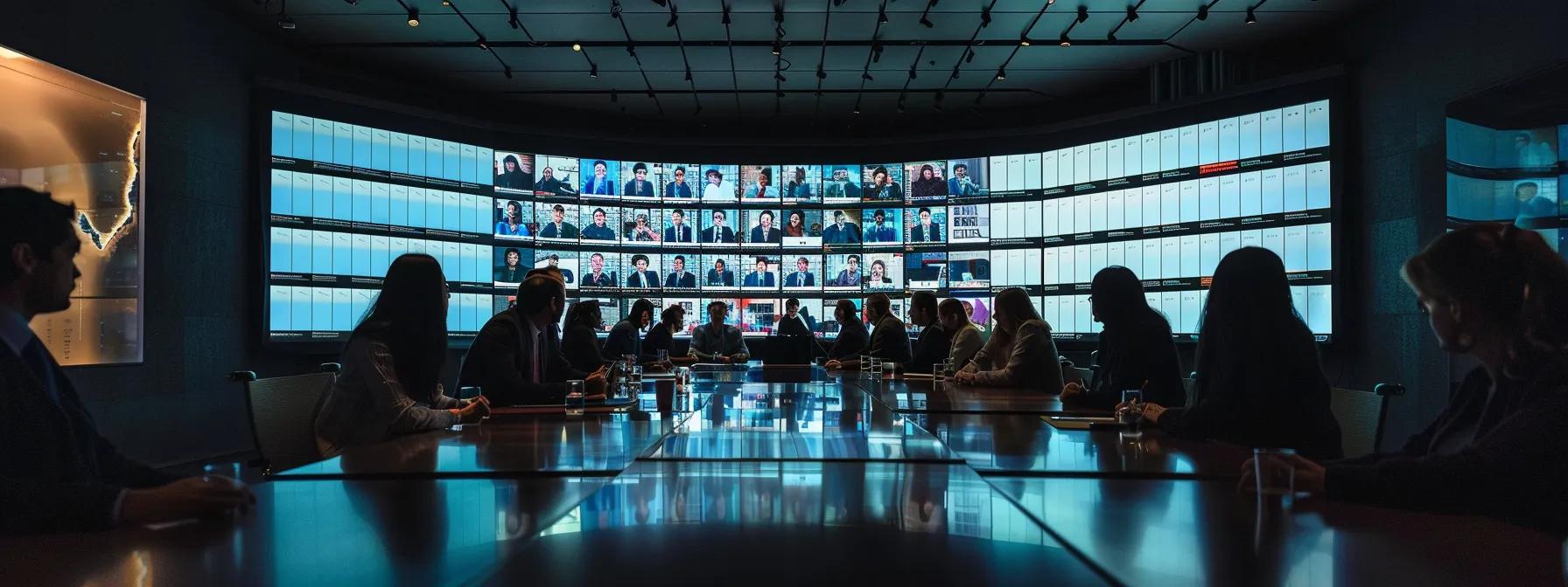 a modern conference room is filled with engaged professionals around a sleek table, intently analyzing dynamic digital analytics on large screens displaying webinar metrics, showcasing the impact of budget webinar platforms on productivity and lead conversion.