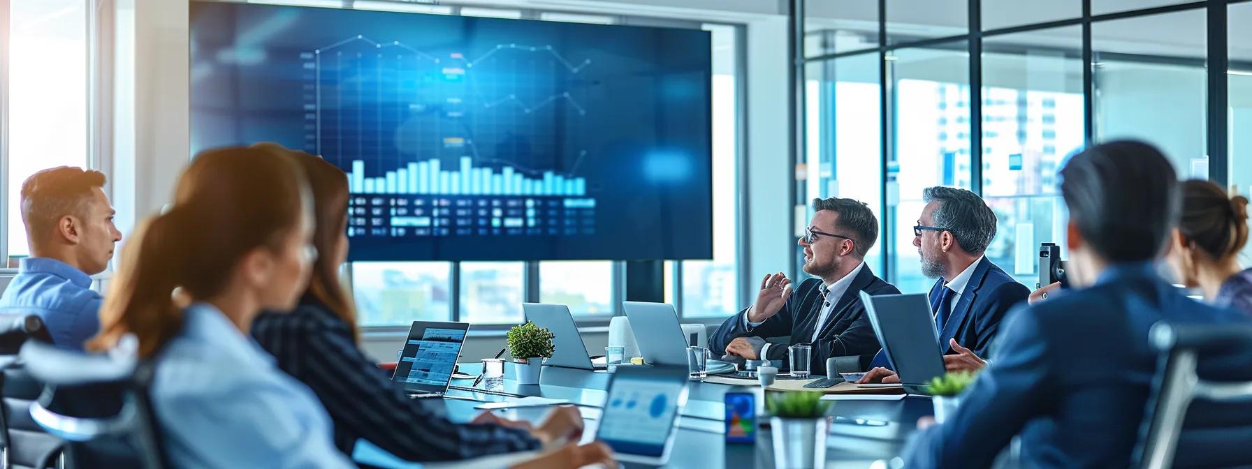 a modern conference room with a large screen displaying a vibrant video conferencing interface, where a diverse group of professionals engage in a dynamic discussion, showcasing the ease of unlimited meeting durations in a sleek urban office setting.