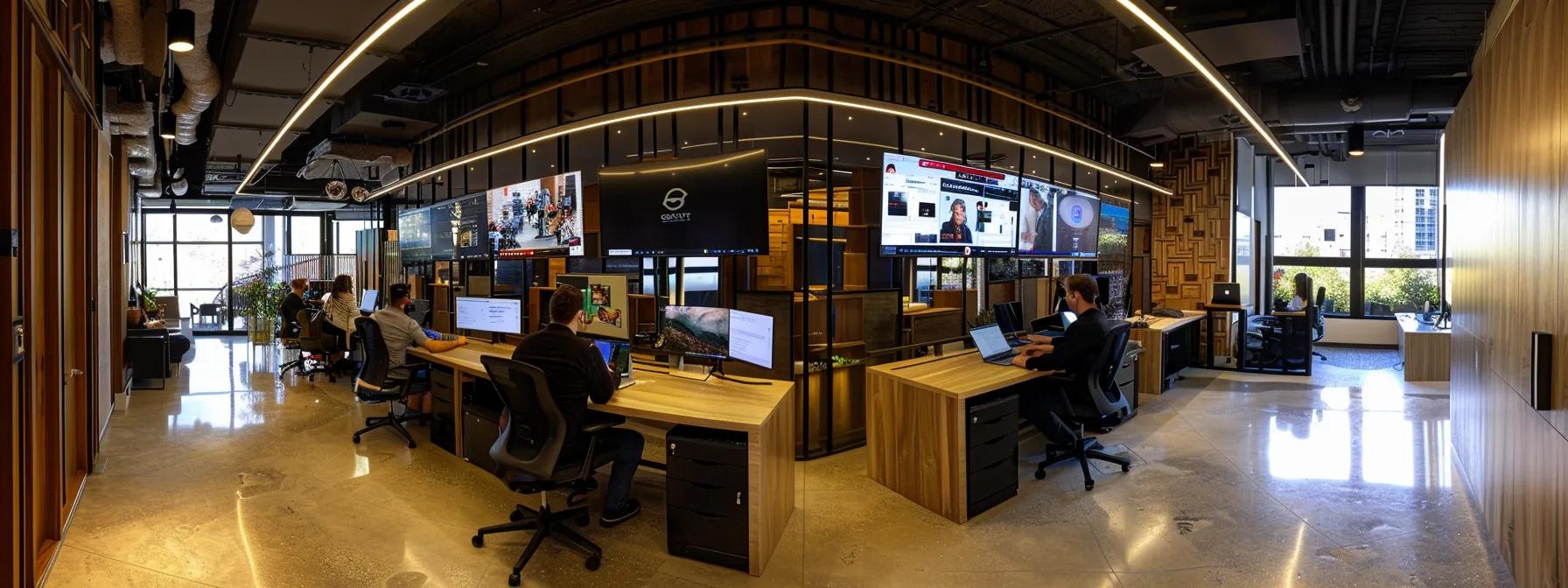 a modern, dynamic office setting showcases a diverse team engaged in a zoom meeting, with otter ai's user interface prominently displayed on screens, highlighting the seamless transcription and organization of their collaborative ideas.
