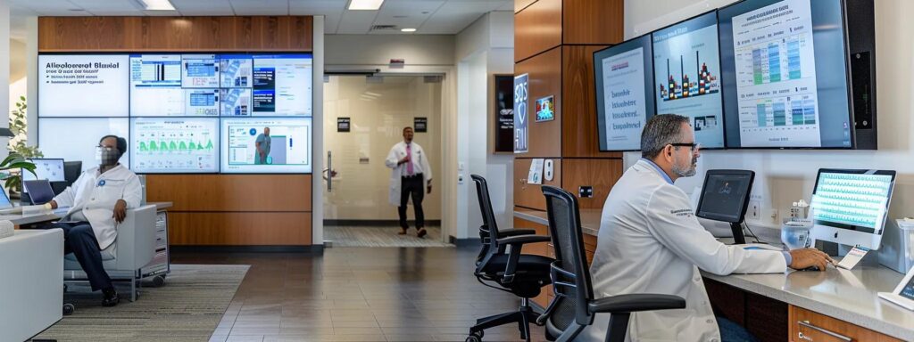 a modern healthcare office equipped with advanced secure video technology, showcasing a physician engaging in a virtual consultation, surrounded by high-tech displays and digital interfaces that emphasize ai integration and seamless communication in patient care.