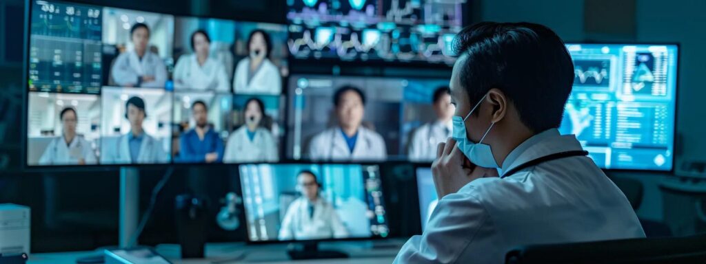 a modern healthcare office featuring healthcare professionals engaged in a training session about a secure video communication hub, with high-tech monitors displaying encrypted video conferencing interfaces and compliance charts illuminating the importance of patient privacy and communication efficiency.