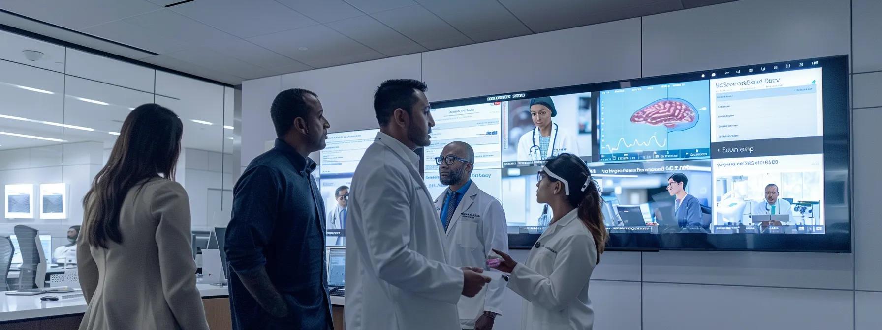 a modern healthcare office featuring a sleek, centralized secure video hub interface displayed on a large touchscreen, surrounded by professionals engaging in a virtual consultation, emphasizing high-tech data encryption and seamless integration with electronic health records.