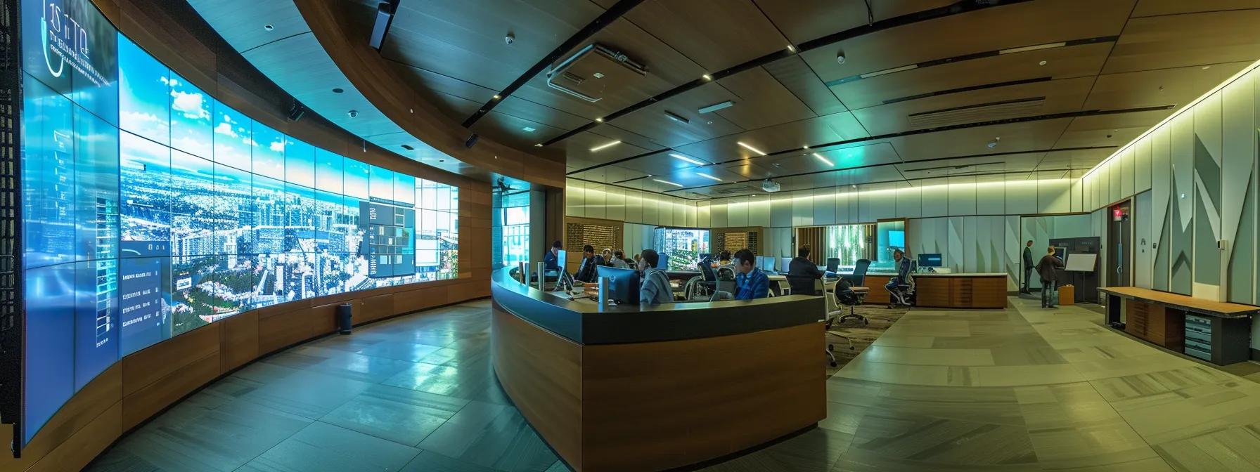 a modern office conference room is filled with engaged professionals around a sleek, high-tech video conferencing setup, showcasing a large screen displaying data privacy guidelines and ethical ai practices, illuminated by strategic overhead lighting that emphasizes the serious yet innovative atmosphere.