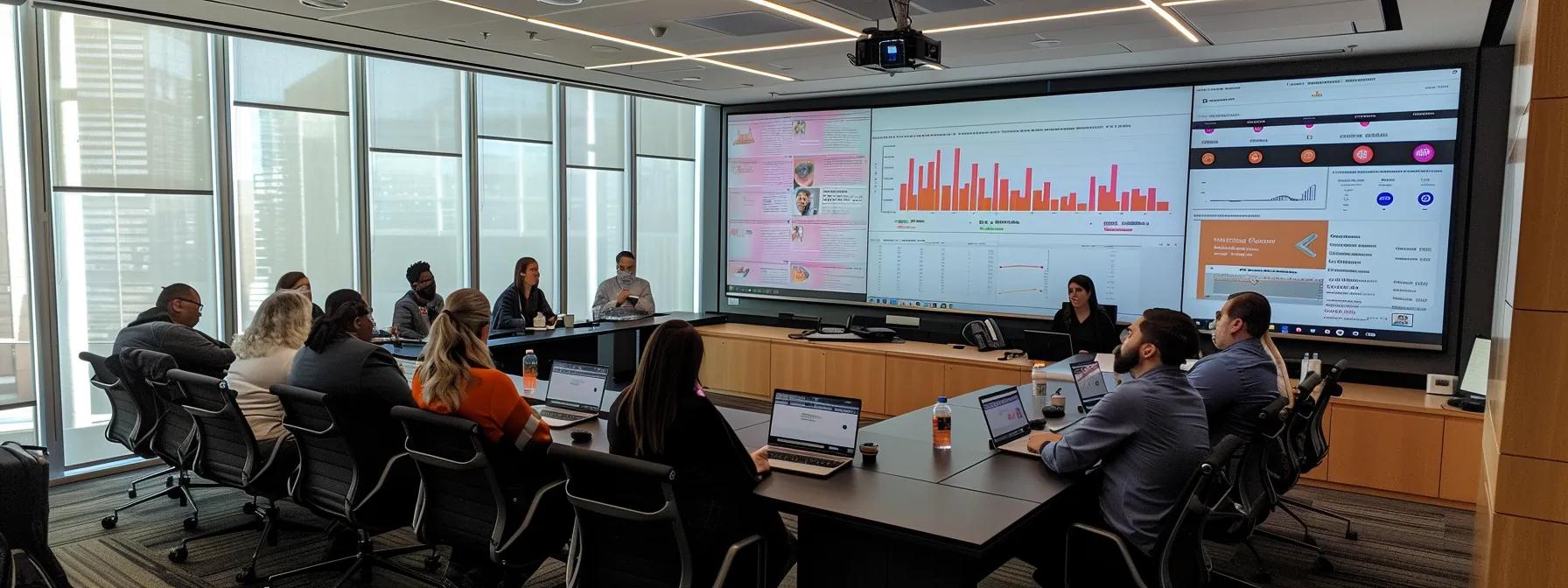 a modern office conference room featuring a large screen displaying engaging webinar analytics, with a diverse team of professionals strategically discussing budget-friendly techniques to maximize roi through smart technology integration and user engagement.
