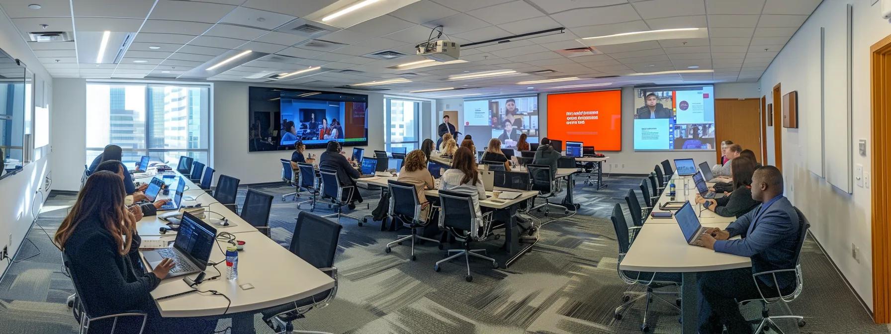 a modern office conference room is filled with professionals engaging in a high-definition webinar, showcasing sleek screens displaying dynamic content, while the atmosphere is charged with focused energy and seamless digital interaction.