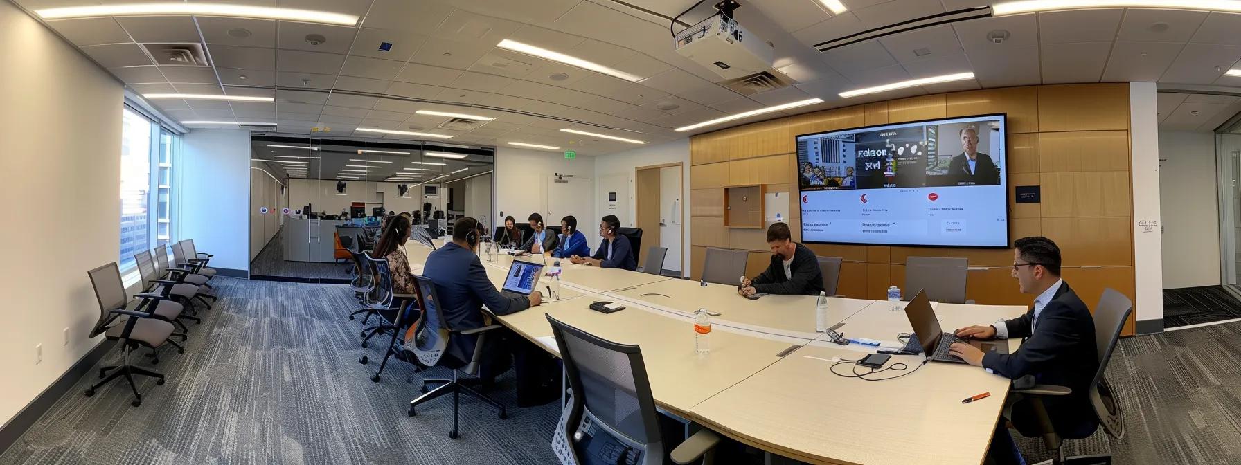a modern office conference room features a large screen displaying a zoom call in progress, with professionals engaged in a virtual meeting, showcasing the effectiveness of otter ai's real-time transcription and collaboration tools.