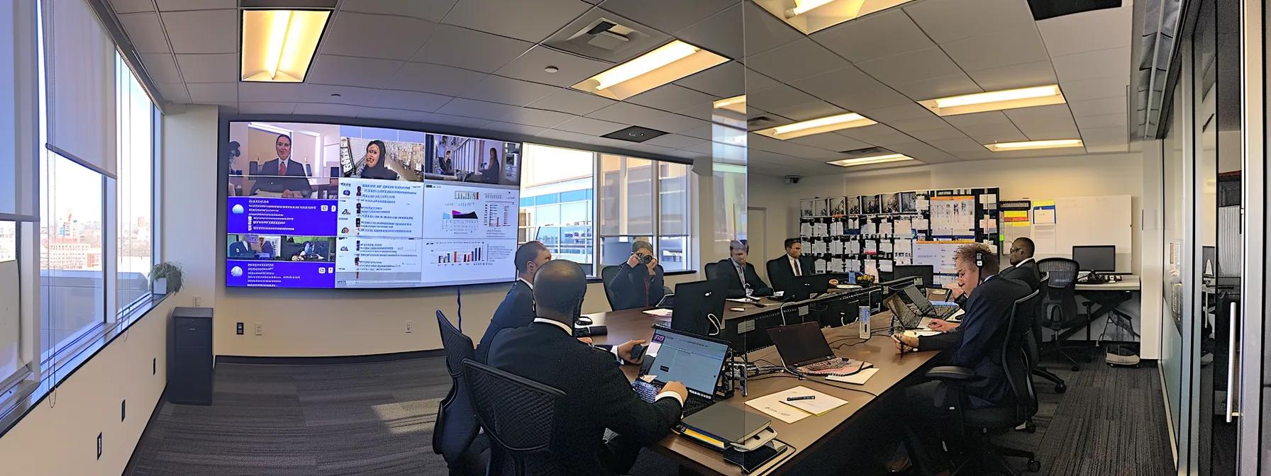 a modern office conference room features a large screen displaying a secure video telehealth session, surrounded by focused professionals engaged in a strategic discussion about maintaining hipaa compliance, with charts and compliance documents visible on the table.
