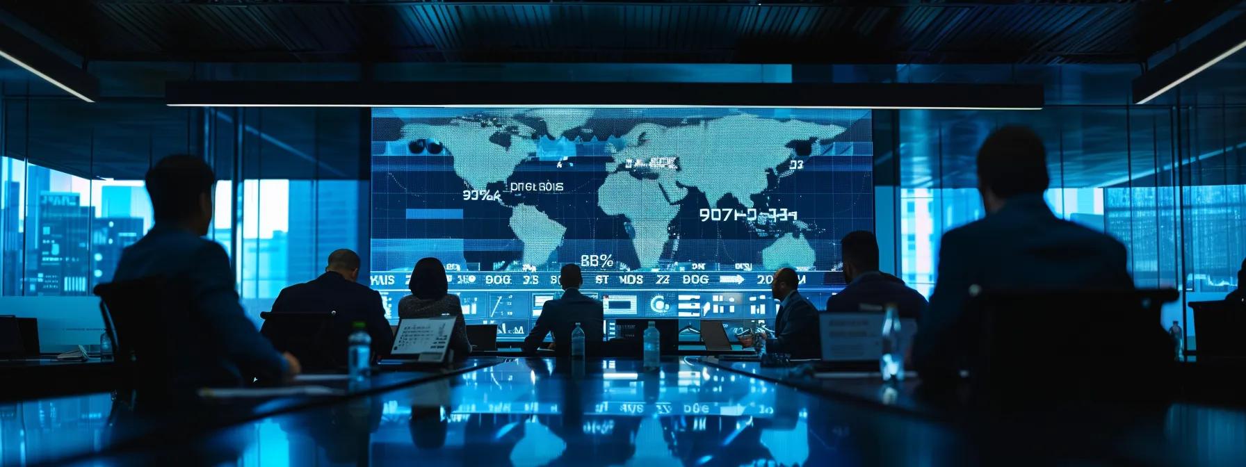 a modern office environment showcases a sleek conference room where a diverse group of professionals intently analyze a digital performance dashboard projected on a large screen, highlighting impressive uptime metrics and latency figures during a live webinar.