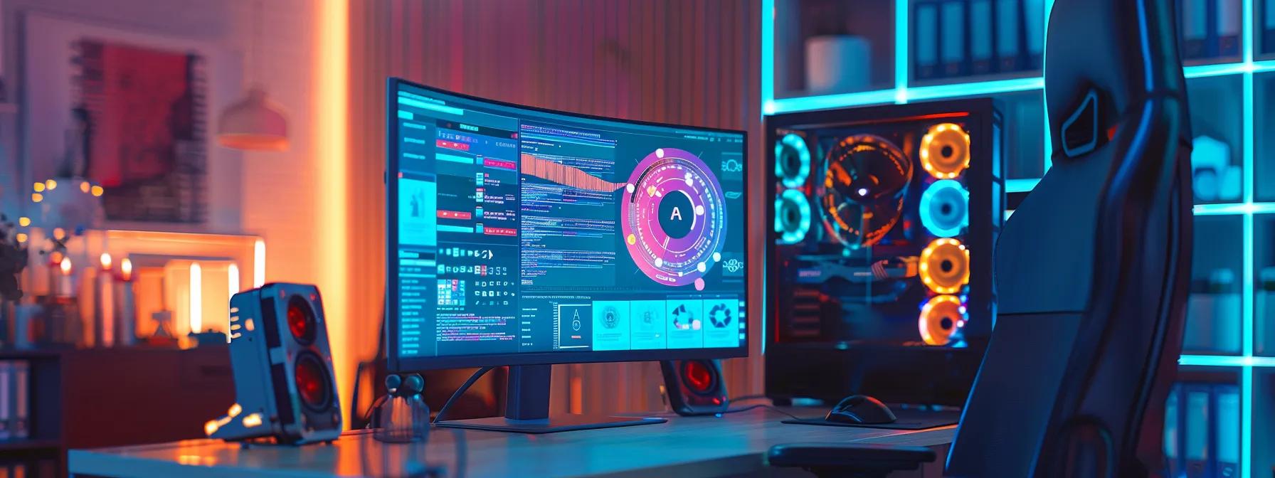 a modern office environment features a sleek computer screen displaying otter ai’s interface, with a zoom video call in progress, highlighting vibrant graphical elements that represent real-time note-taking and organization processes amidst a professional setting.