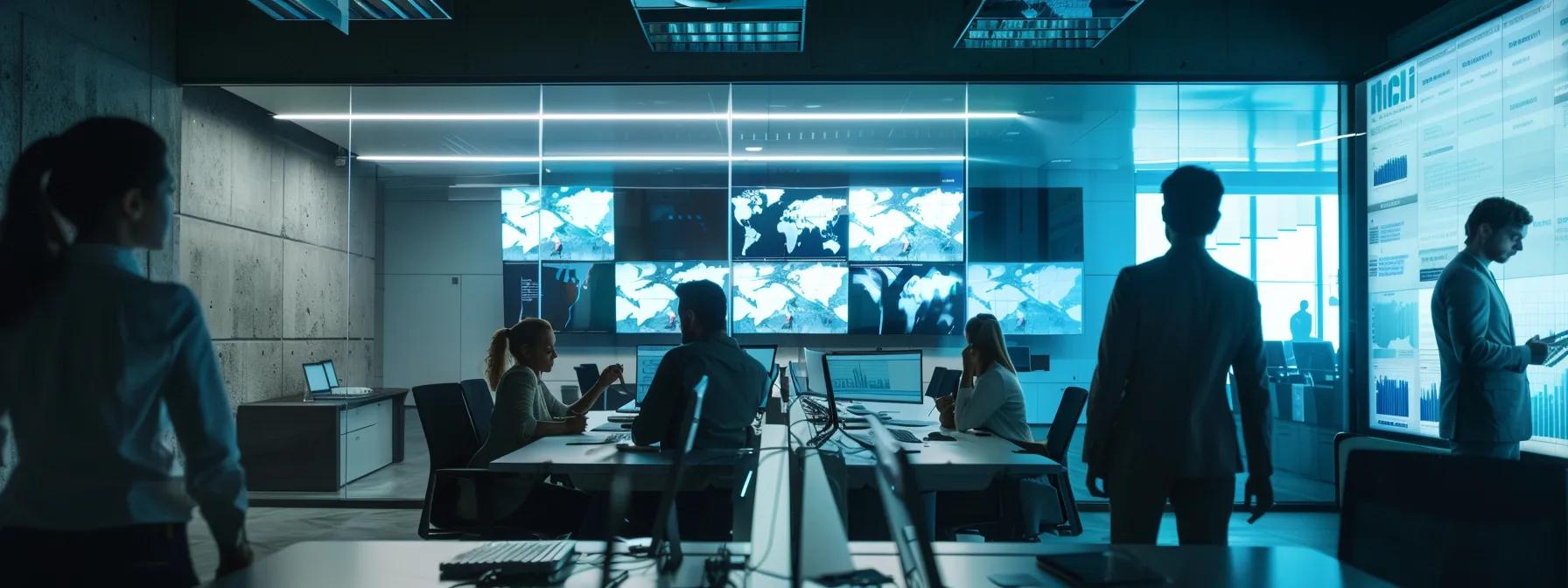 a modern office environment features a sleek conference room where a diverse group of professionals collaboratively discusses the implementation of a hipaa compliant video platform, highlighted by digital screens displaying training materials and telehealth strategies in a well-lit, organized space.