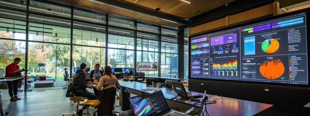 a modern office environment featuring a large screen displaying a dynamic cost-benefit analysis dashboard, with a group of engaged professionals discussing the financial advantages of using microsoft teams for webinar efficiency and roi optimization.