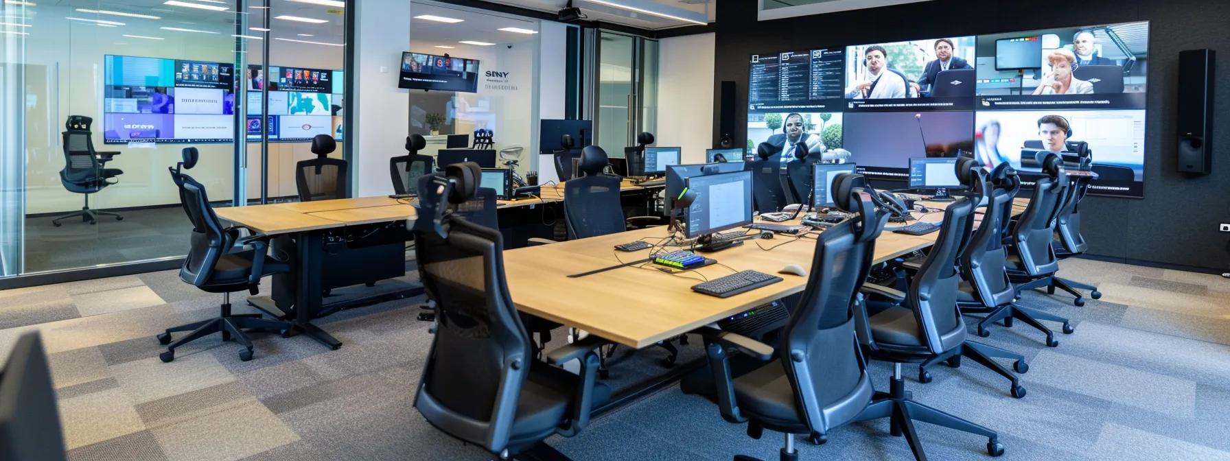 a modern office environment featuring a sleek conference room with multiple screens displaying various video conferencing platforms, exuding an atmosphere of innovation and productivity.