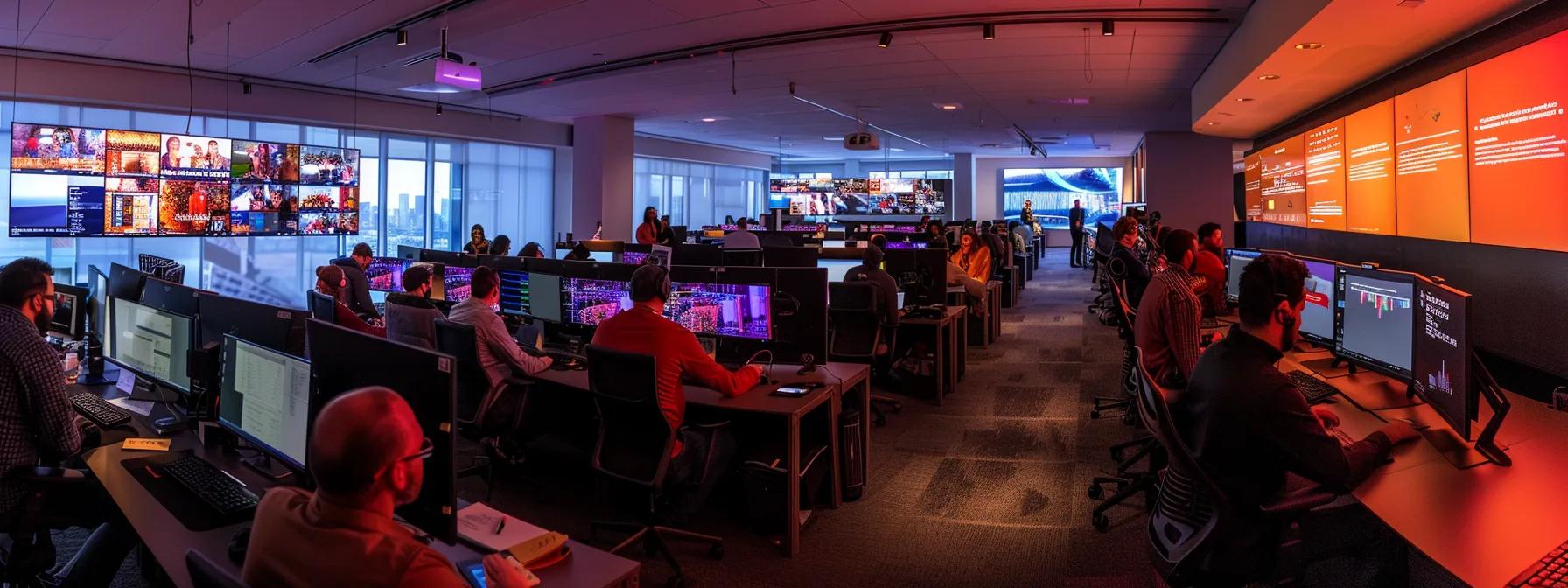 a modern office environment showcases a diverse group of professionals engaged in a vibrant webinar session, surrounded by sleek technology screens displaying interactive analytics and audience engagement metrics.
