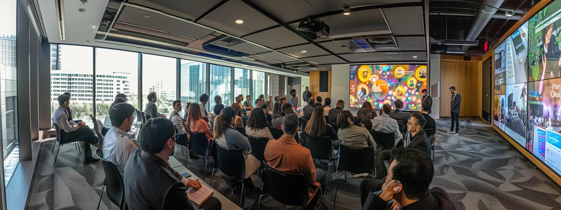 a modern office meeting room filled with a diverse group of professionals engaged in an interactive webinar on a large screen, showcasing vibrant graphics and key features of various top webinar platforms.