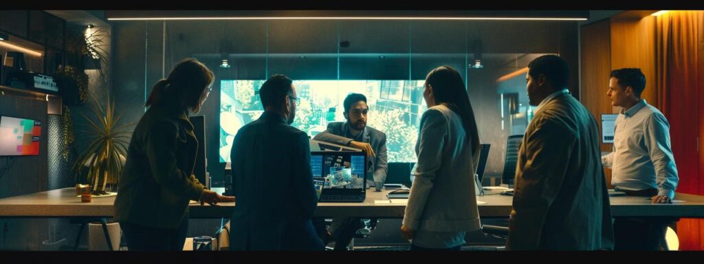 a modern office setting features a diverse group of professionals engaged in a zoom meeting, with a large screen displaying otter ai's user-friendly interface capturing notes in real-time, highlighting the seamless integration of technology in collaborative work.