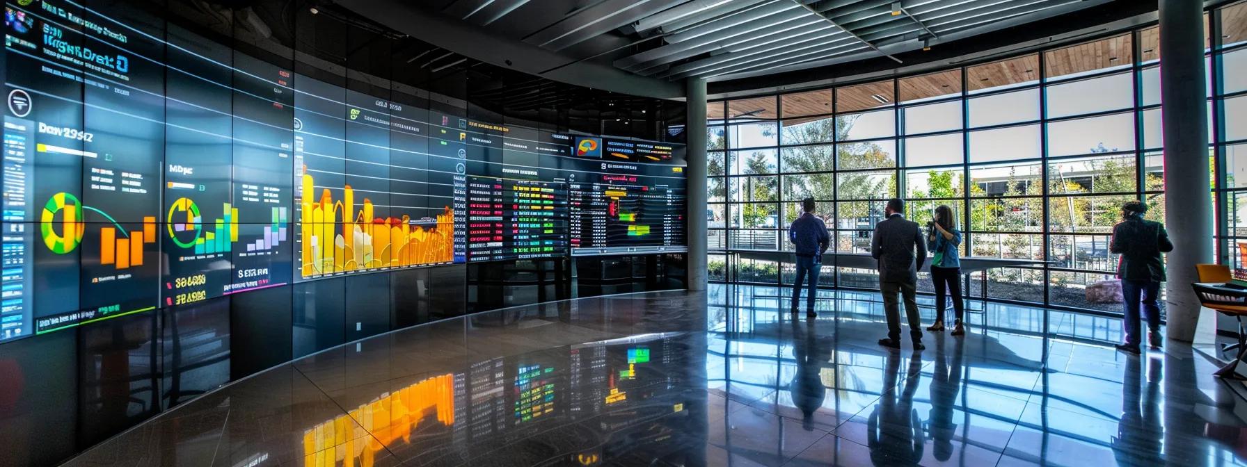 a modern office setting features a large screen displaying dynamic real-time analytics and performance metrics in vibrant graphics, while professionals engage in a collaborative discussion around a sleek conference table, highlighting the importance of data-driven decision-making in enhancing webinar platforms.